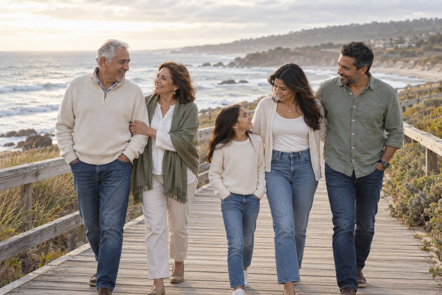 Three generations of a family walking together by the coast.