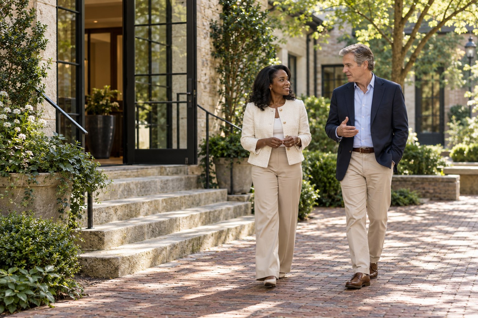 Two people walking and talking in a sunlit courtyard.